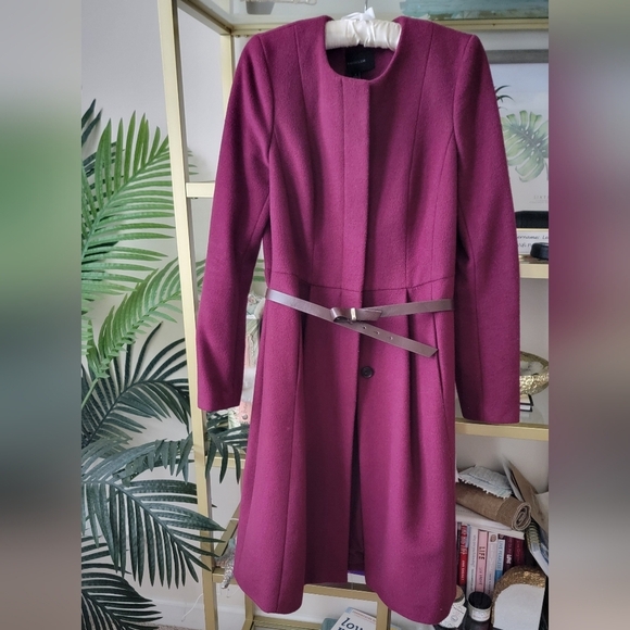 Wine Red / Burgundy Ann Taylor Long Pleated Wool Dress Coat - Women's Size 6 - Picture 5 of 12